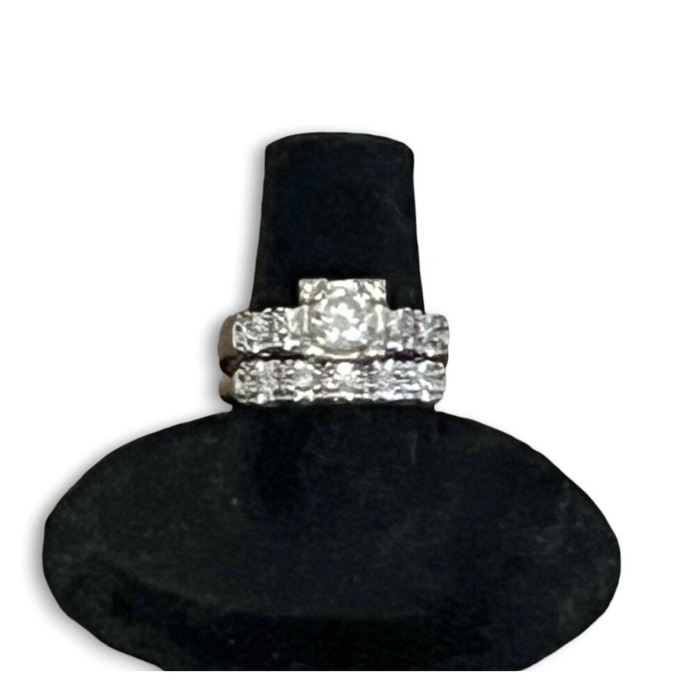 Vintage 1960’s 1 Carat Natural Diamond Bridal Set 14K White Gold Happiness Sz6.5
